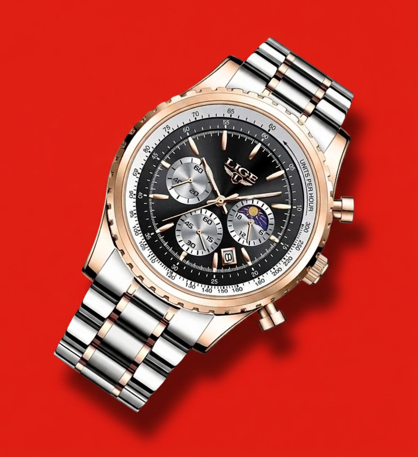 Mens Quartz Luminous Chronograph Rose Gold Watch Black Dial Stainless Wrist Lige