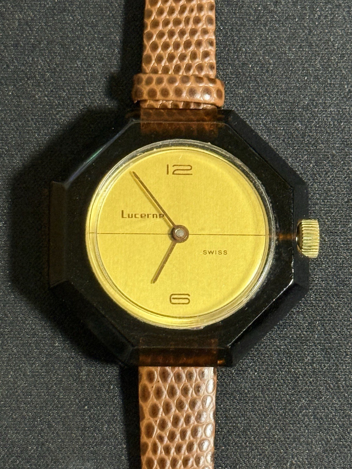 Vintage 1970 Lucerne Octagonal Clear Brown Acrylic Case MCM Gold Dial 40MM Watch