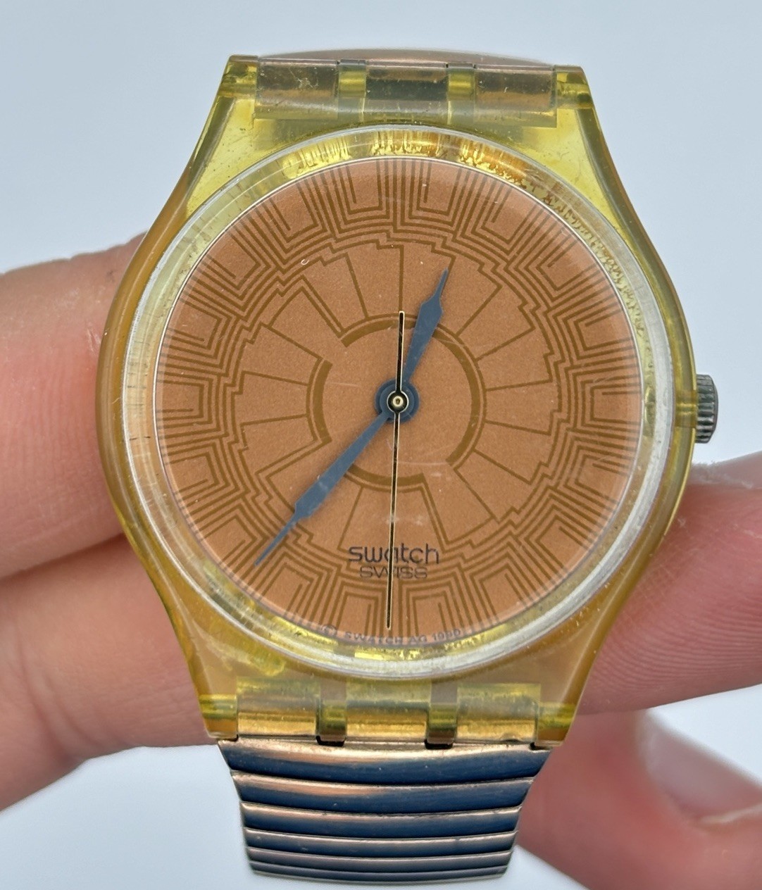 Swatch Copper Dusk Watch Men 34mm Brown Dial Clear Case Round AG1990