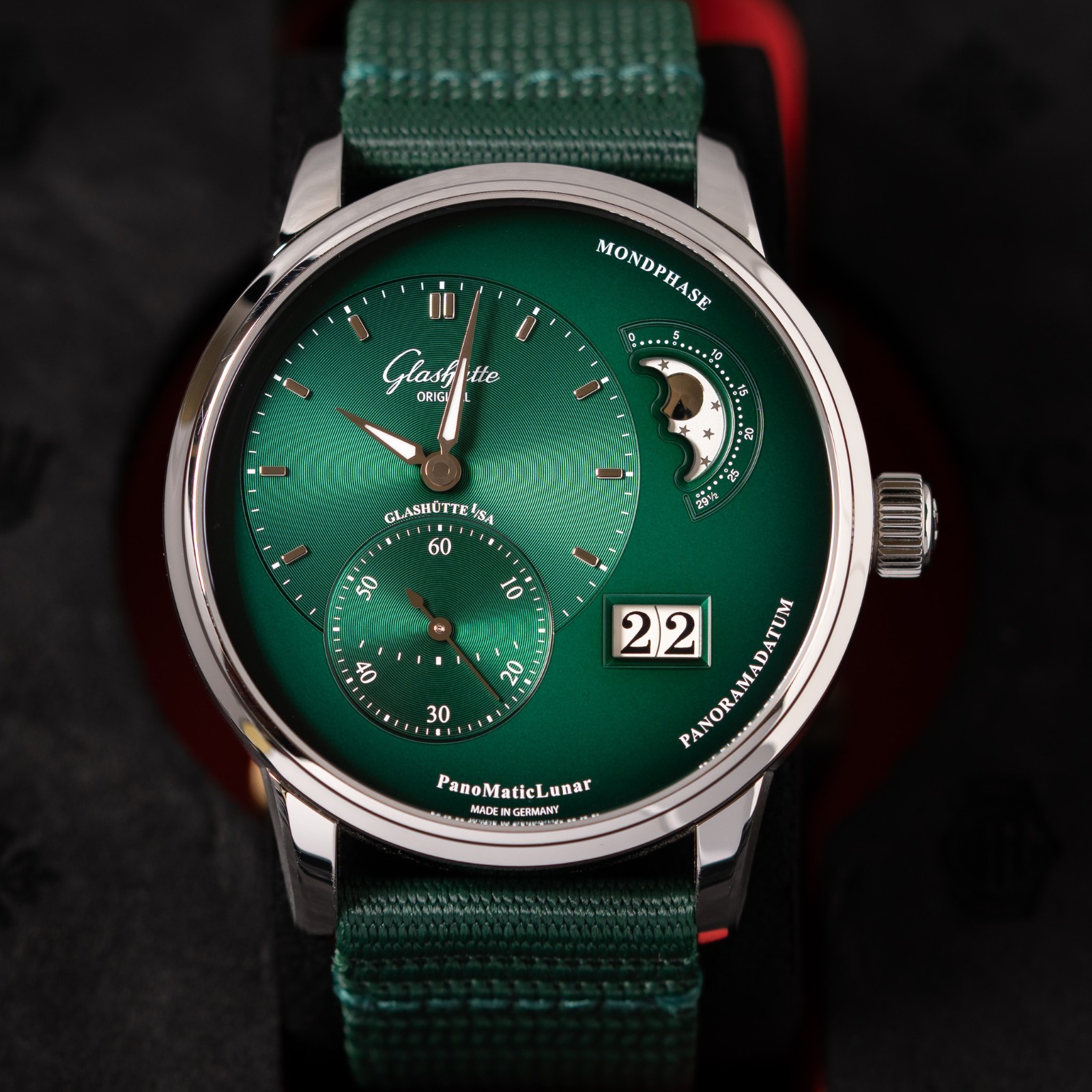 Glashutte Panomatic Lunar Green Dial Ref. 1–90–02–13–32-62 Complete Set w/B&P