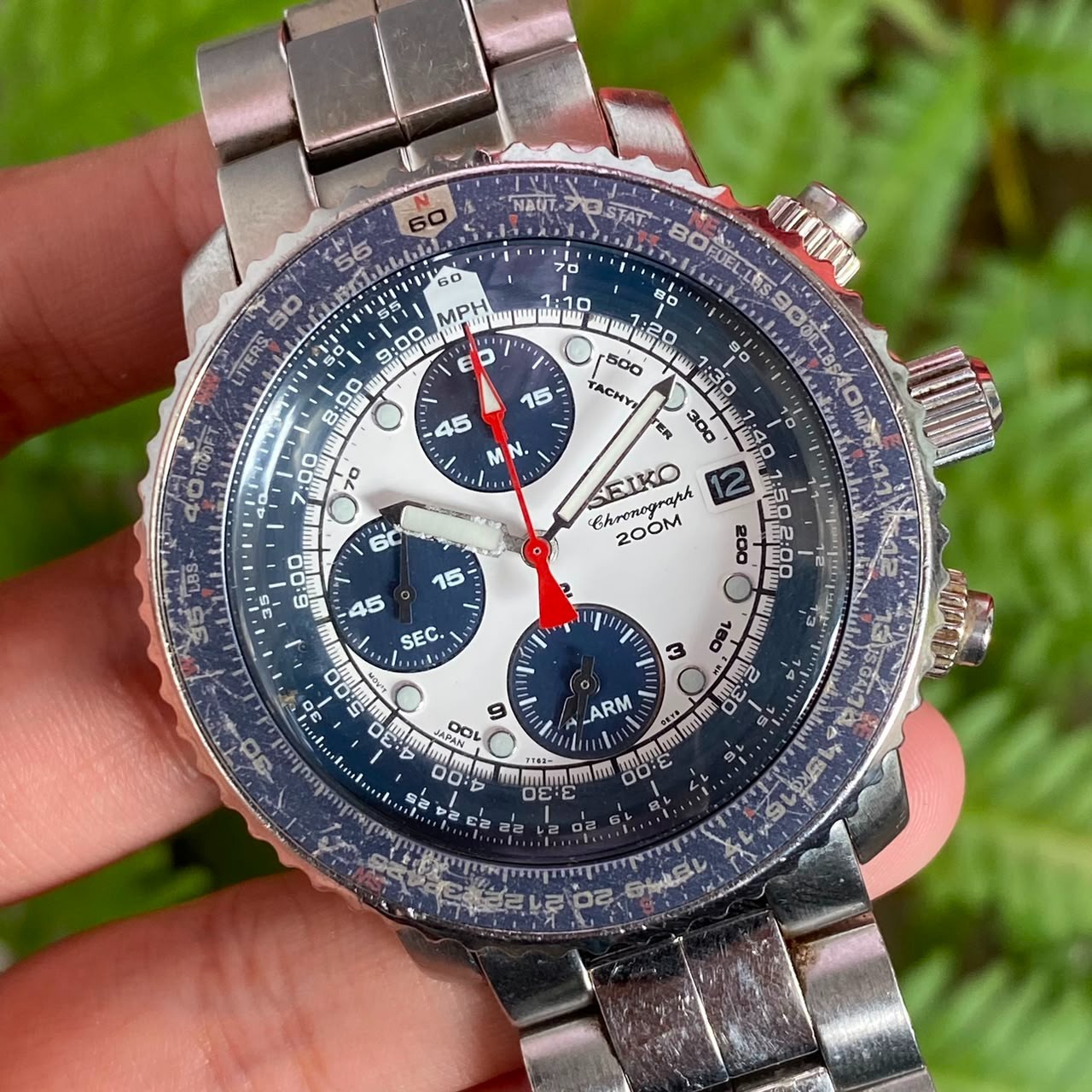 RARE Seiko Flightmaster SNA413 Chronograph White Dial Panda Pilot Quartz 7T62