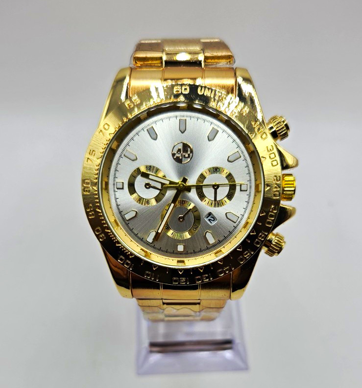 Aj Men’s Chronograph Quartz Date Gold Bracelet 44mm Silver Dial