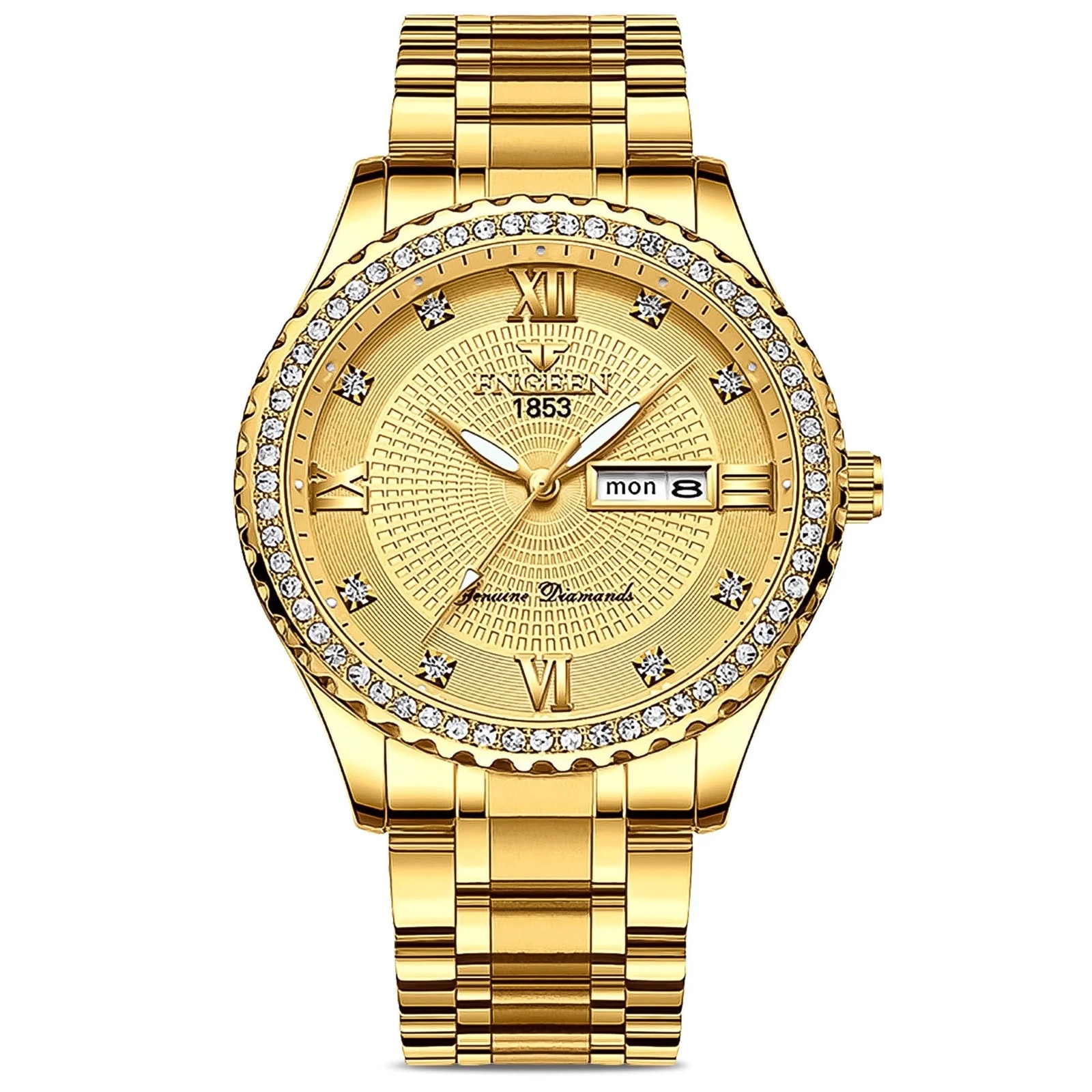 Men’s Gold Diamond Watch Stainless Steel Quartz Waterproof Dress Wristwatch