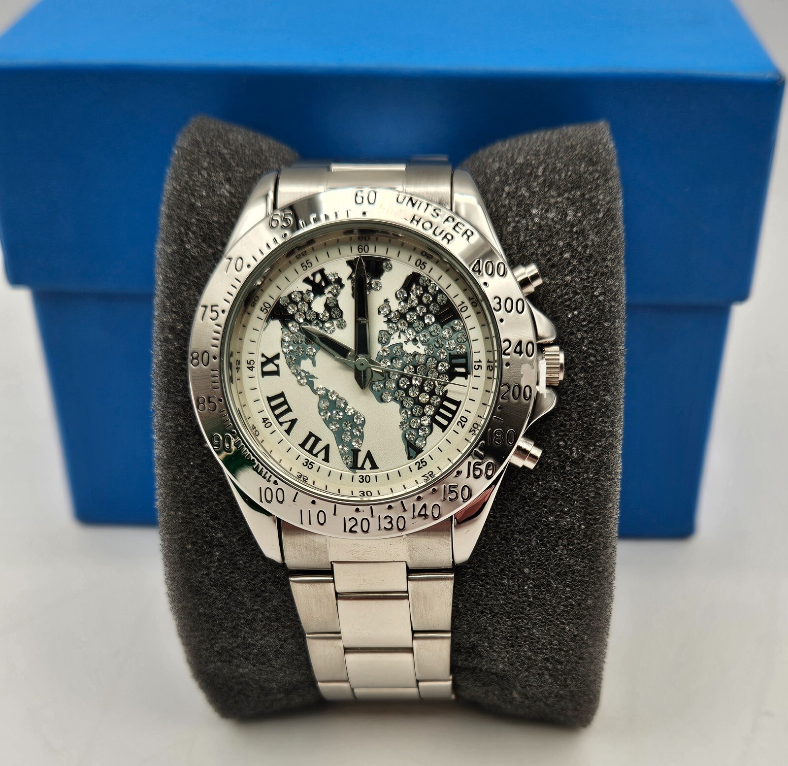 Men’s Adrienne World Map Watch White Face Clear Rhinestones 40mm