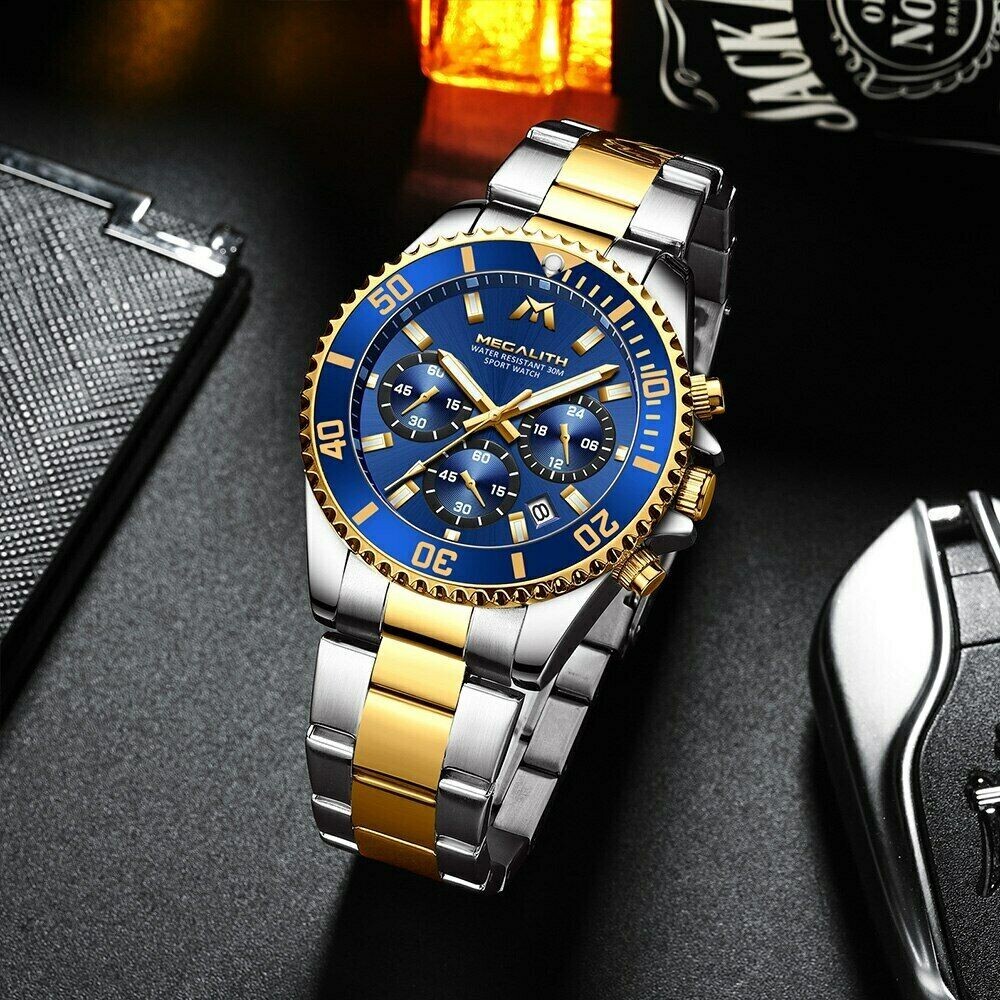 MEGALITH Luxury Mens Watch Designer Chronograph Calendar Sports Quartz Watches