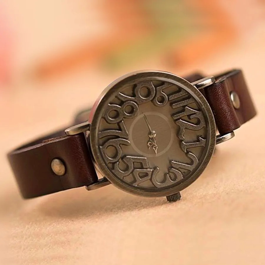 Shsby New Vintage Digital Hollow Genuine Cow Leather Strap Watches Women