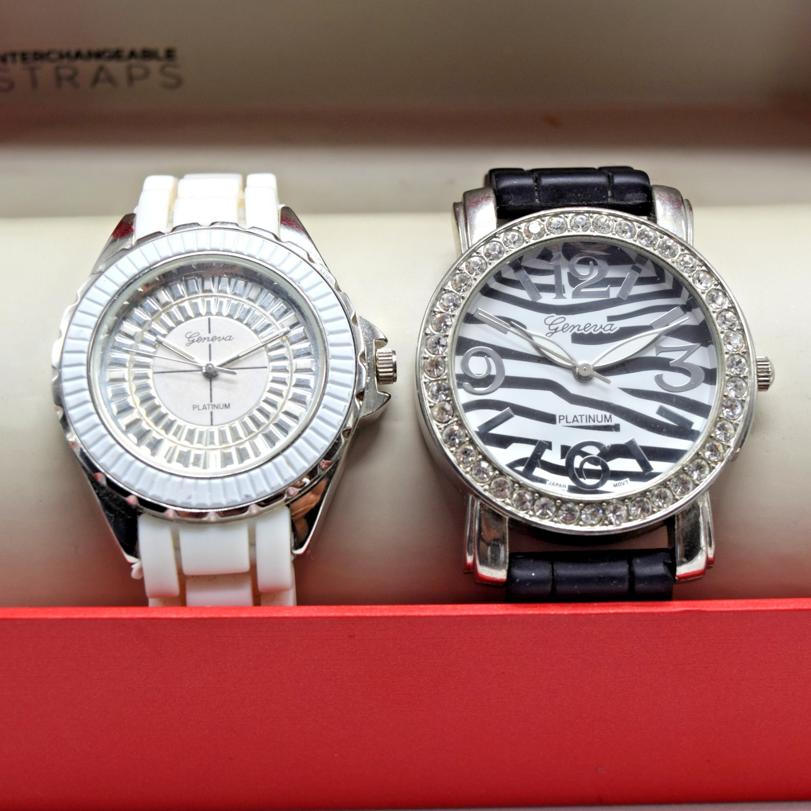 2 Geneva Platinum 3200/7817 White & Black Zebra Rhinestone Watches w Gift Box