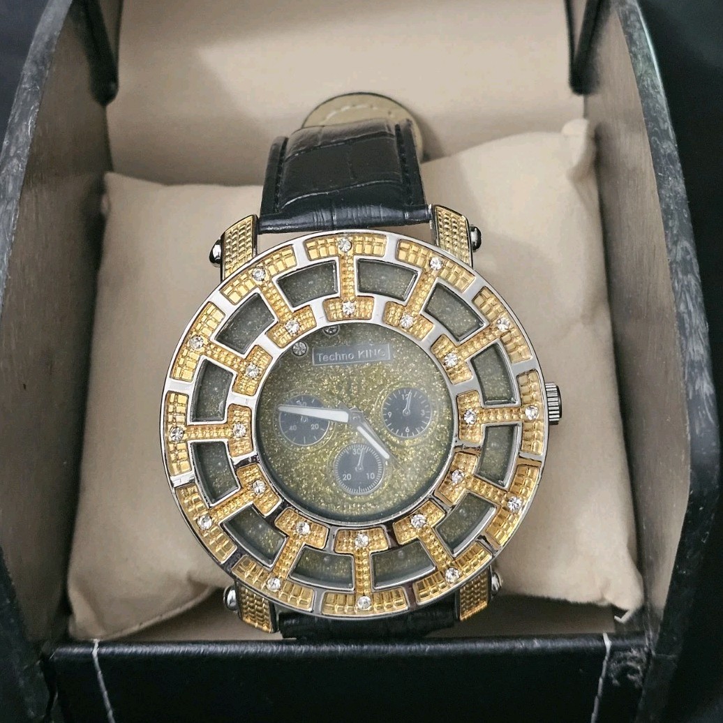 54.4mm Men’s Chronograph Quartz Analog Watch Black Leatherette Strap w/case