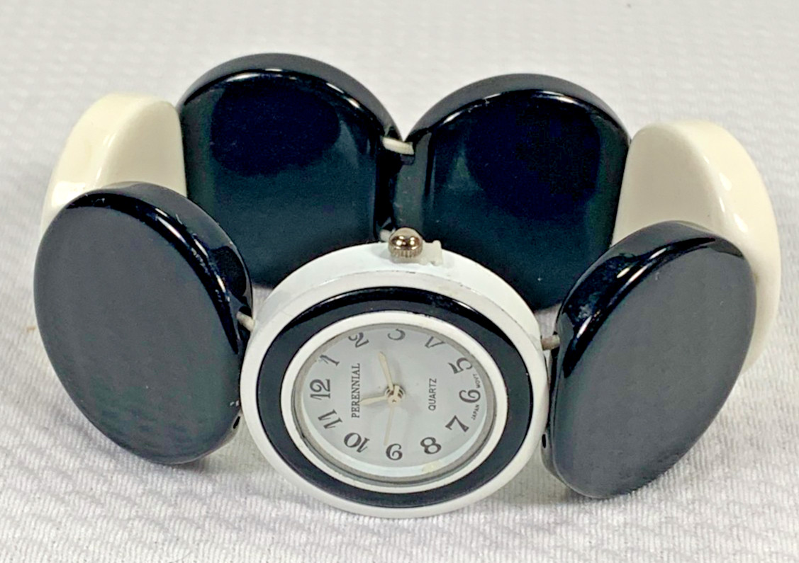 Perennial Quartz Stretch Band Watch Black White 9″ Bracelet