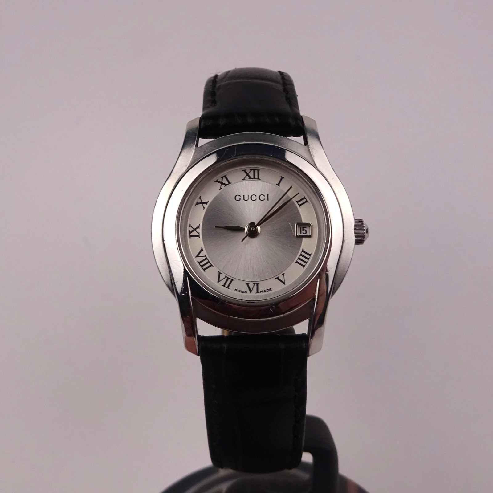 Gucci 5500L Watch Stainless Steel Silver Dial Black Leather Strap Women’s