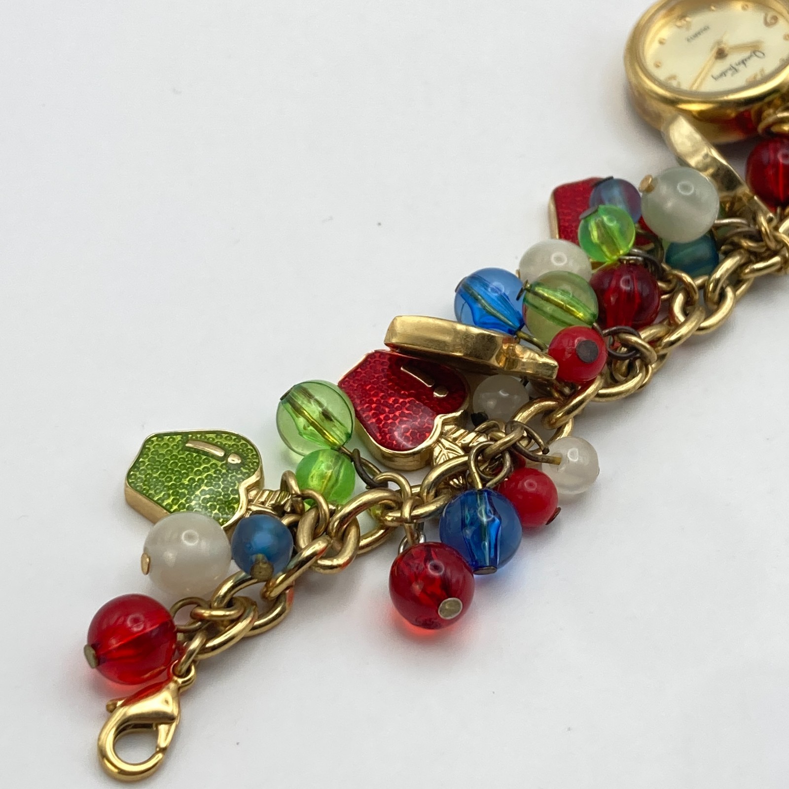 Quacker Factory Women’s Charm Bracelet Watch Gold Tone Teacher New Battery 7.25″