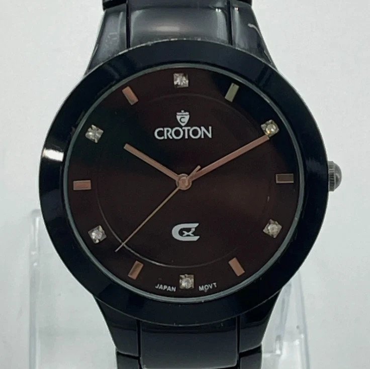CROTON Mens Stainless Steel Watch Black Dial Diamond Accent New Battery 7in