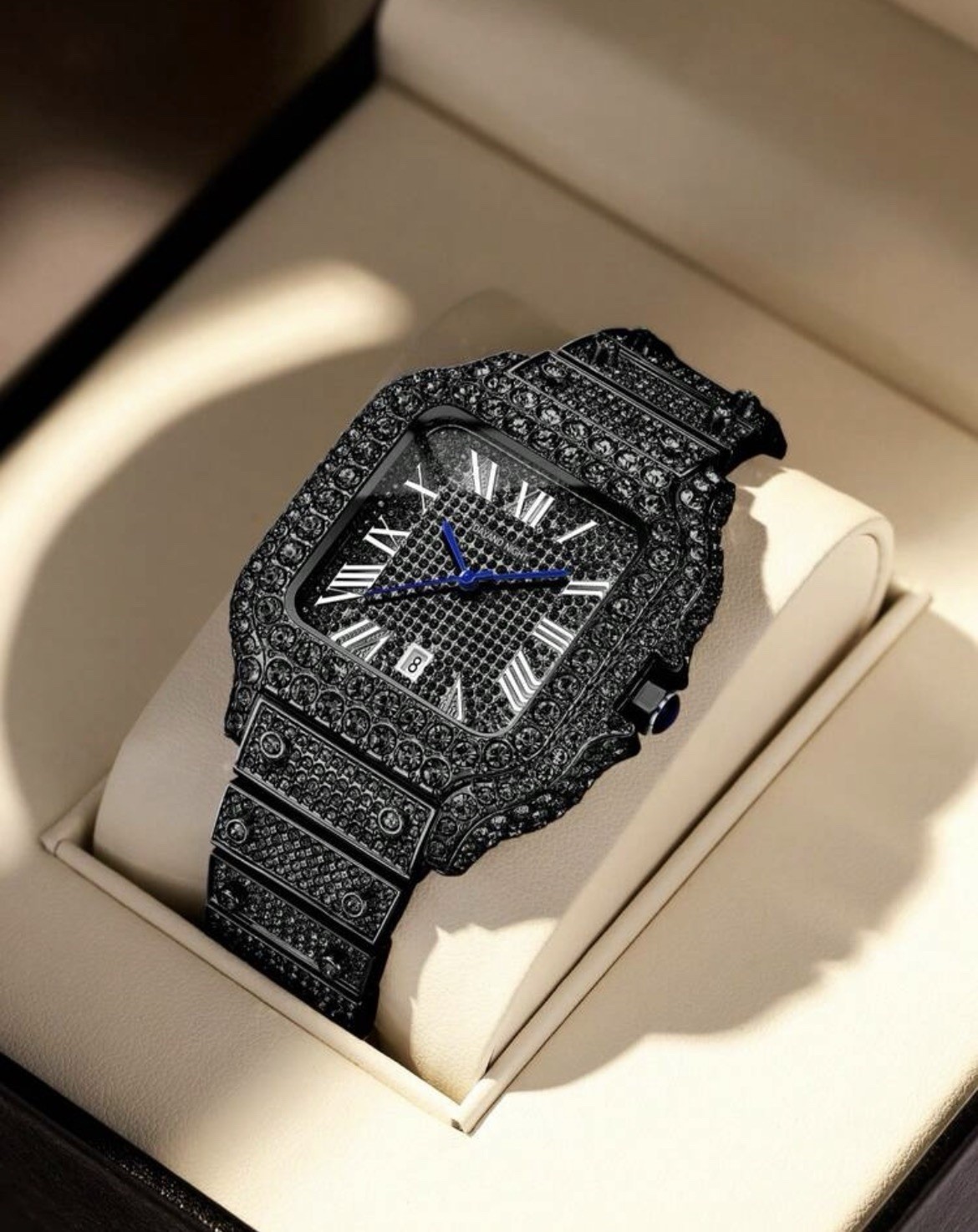 Men’s Moissanite Black Diamond Watch Luxury Quartz Stainless Steel Waterproof