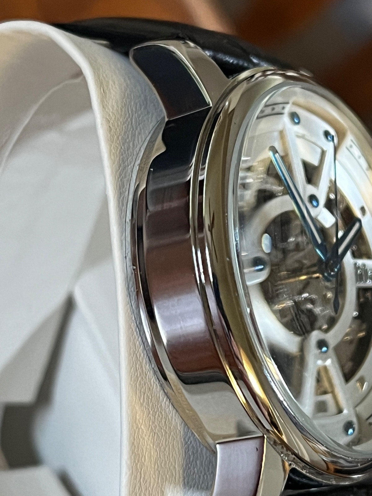 Reign Belfour Automatic Skeleton Watch Black Leather Band Silver Face Blue Hands