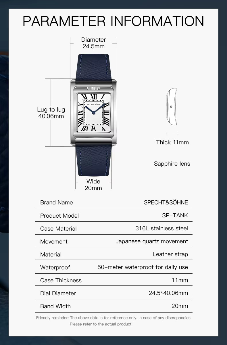 Specht & Söhne Square Quartz Watch Double Face Men’s Watches Stainless Steel