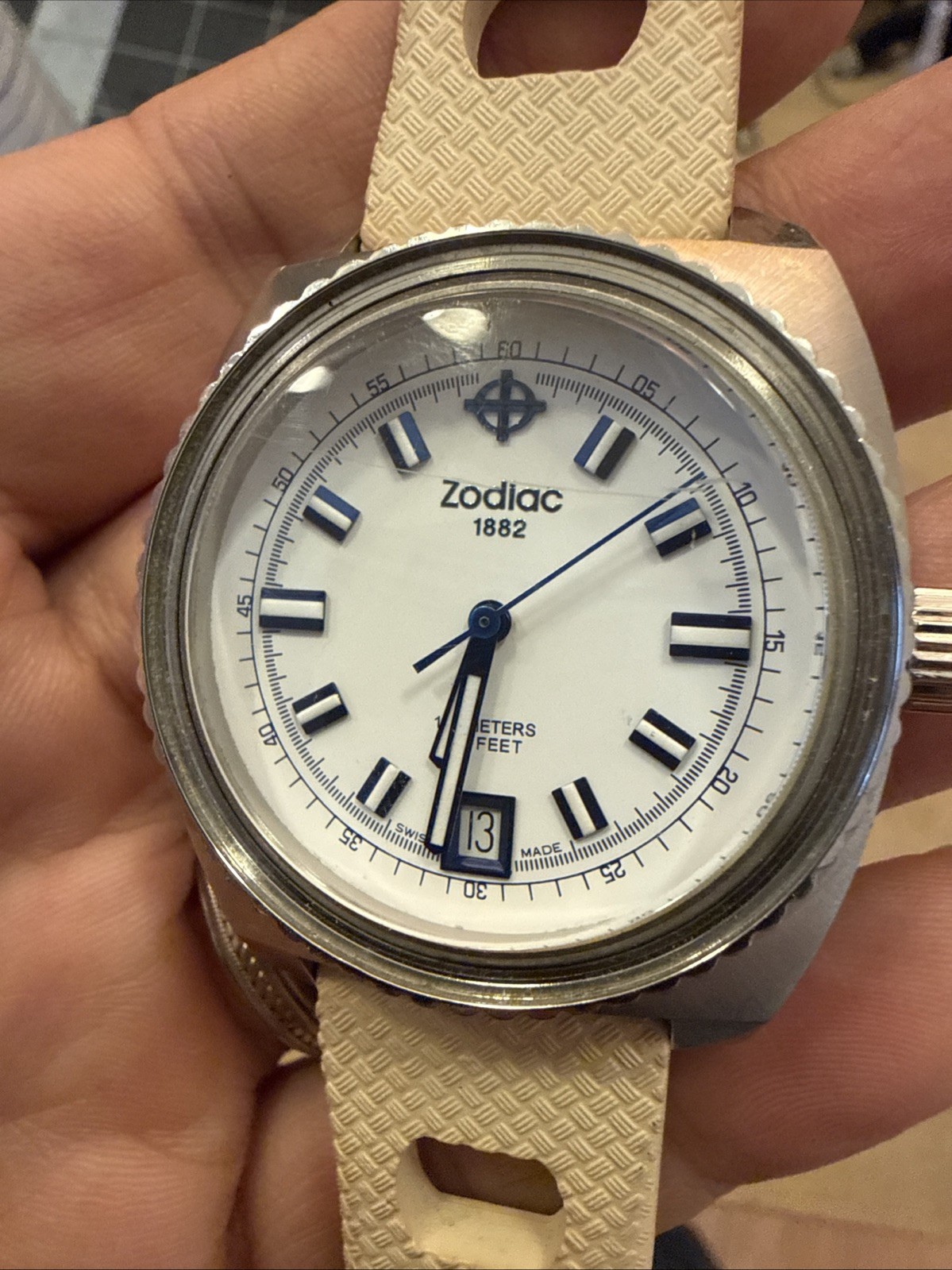 zodiac Sea Dragon zo2244 Swiss dive watch 100m 38mm square blue white tan