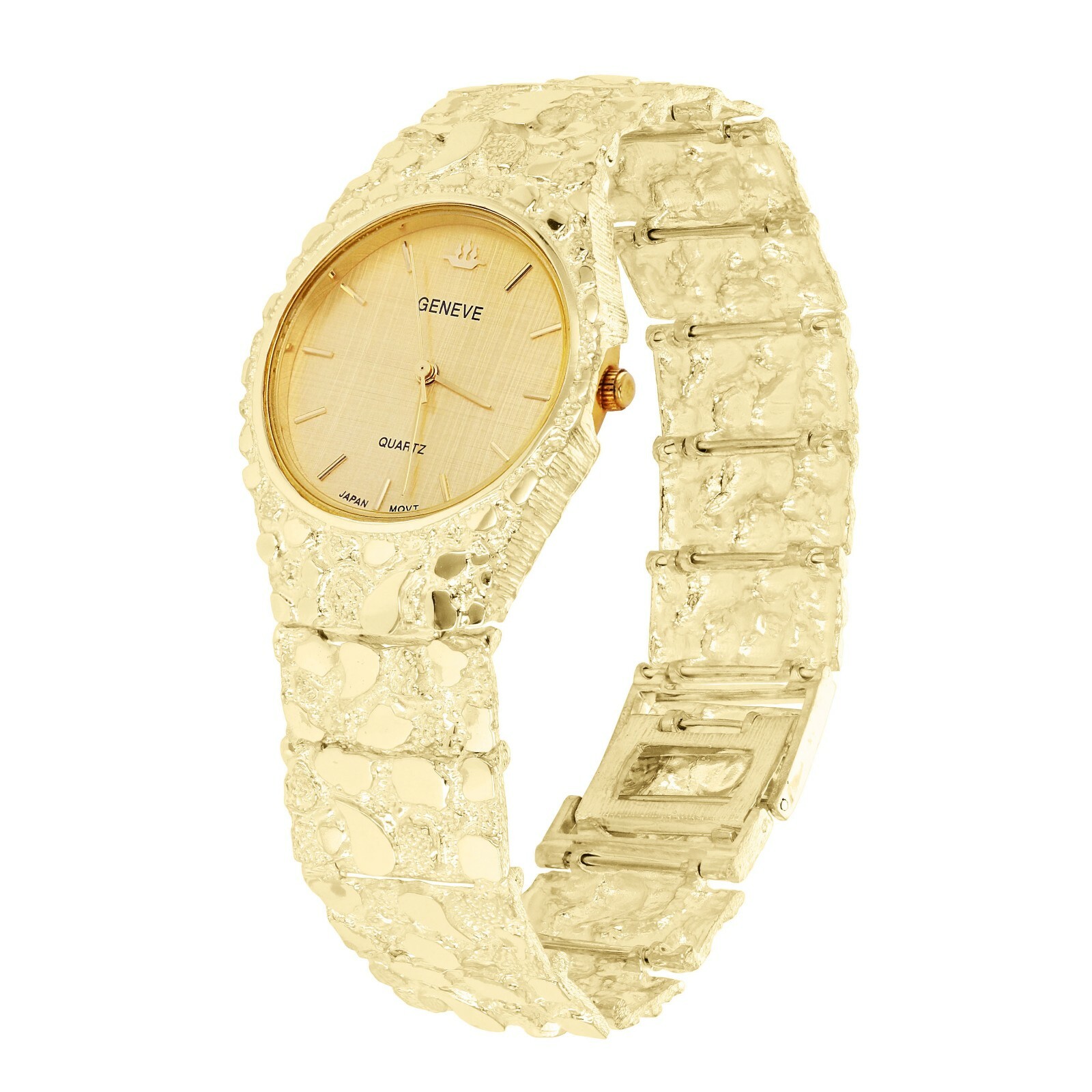 14k Yellow Gold Nugget Link Geneve Wrist Watch Straight Band Adj.8-8.5″ 80 grams