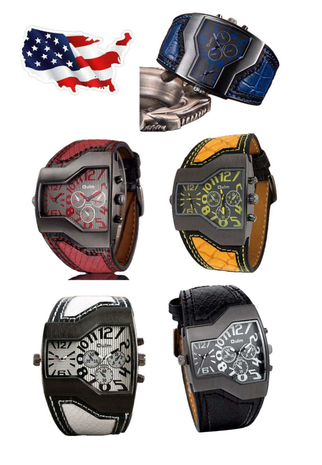 OULM Mens Casual Quartz Watches Dual Time Big Face Wide Leather Band Watch