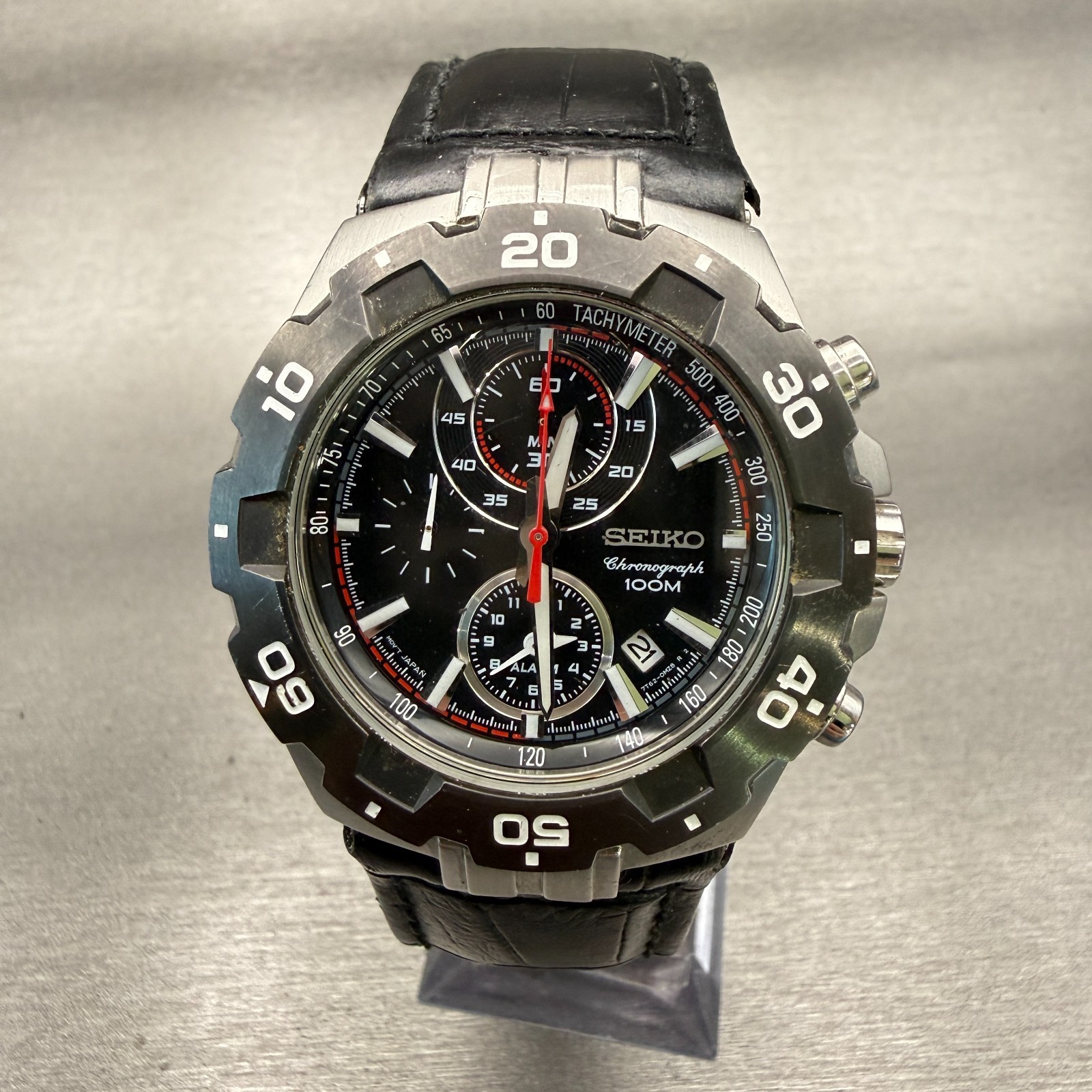 Seiko Chronograph Watch Men 43mm Black Dial Steel Date Round 7T62-0JZ0 New Batt