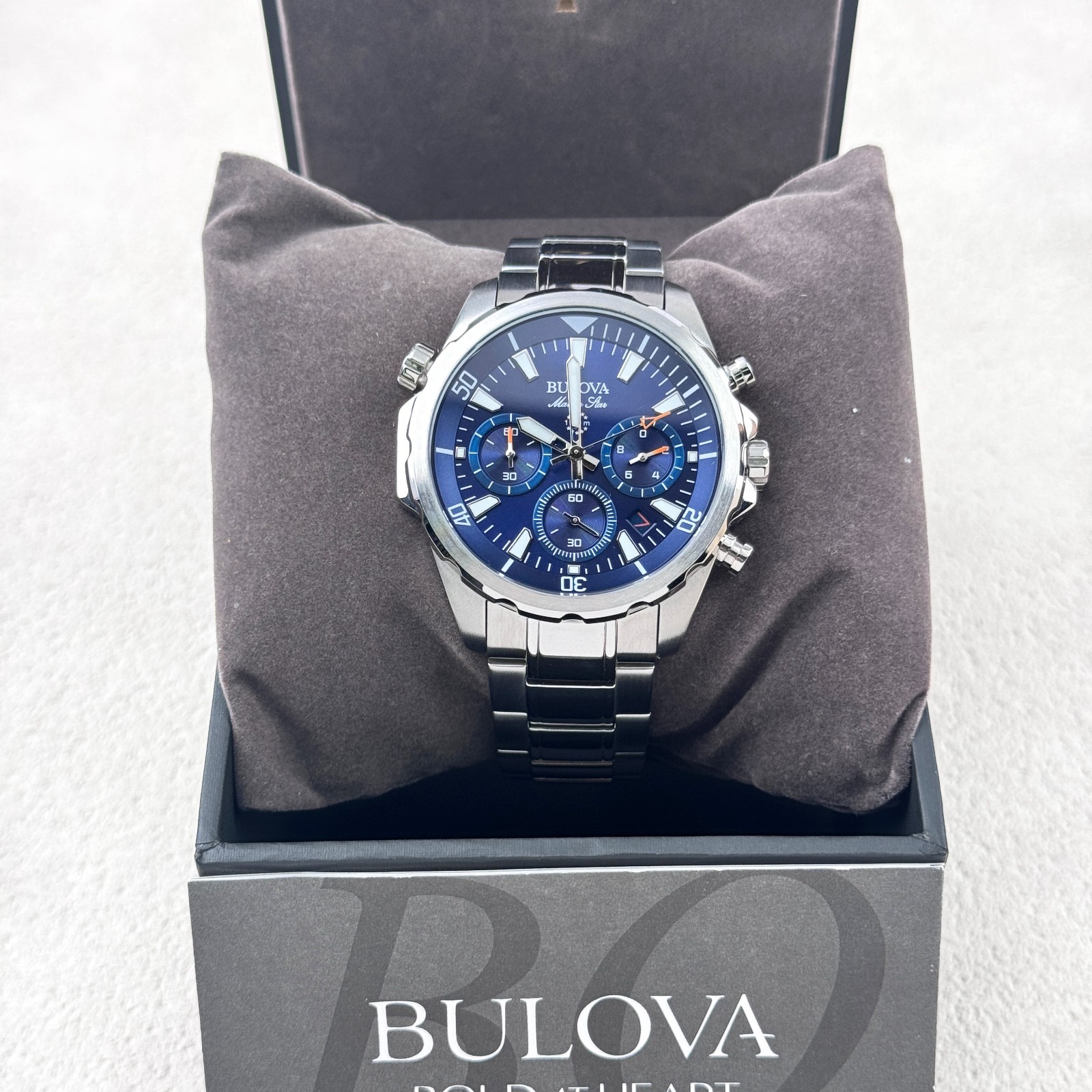 Bulova Marine Star 96B256 Blue Dial Stainless Steel Quartz Men’s Watch 43MM