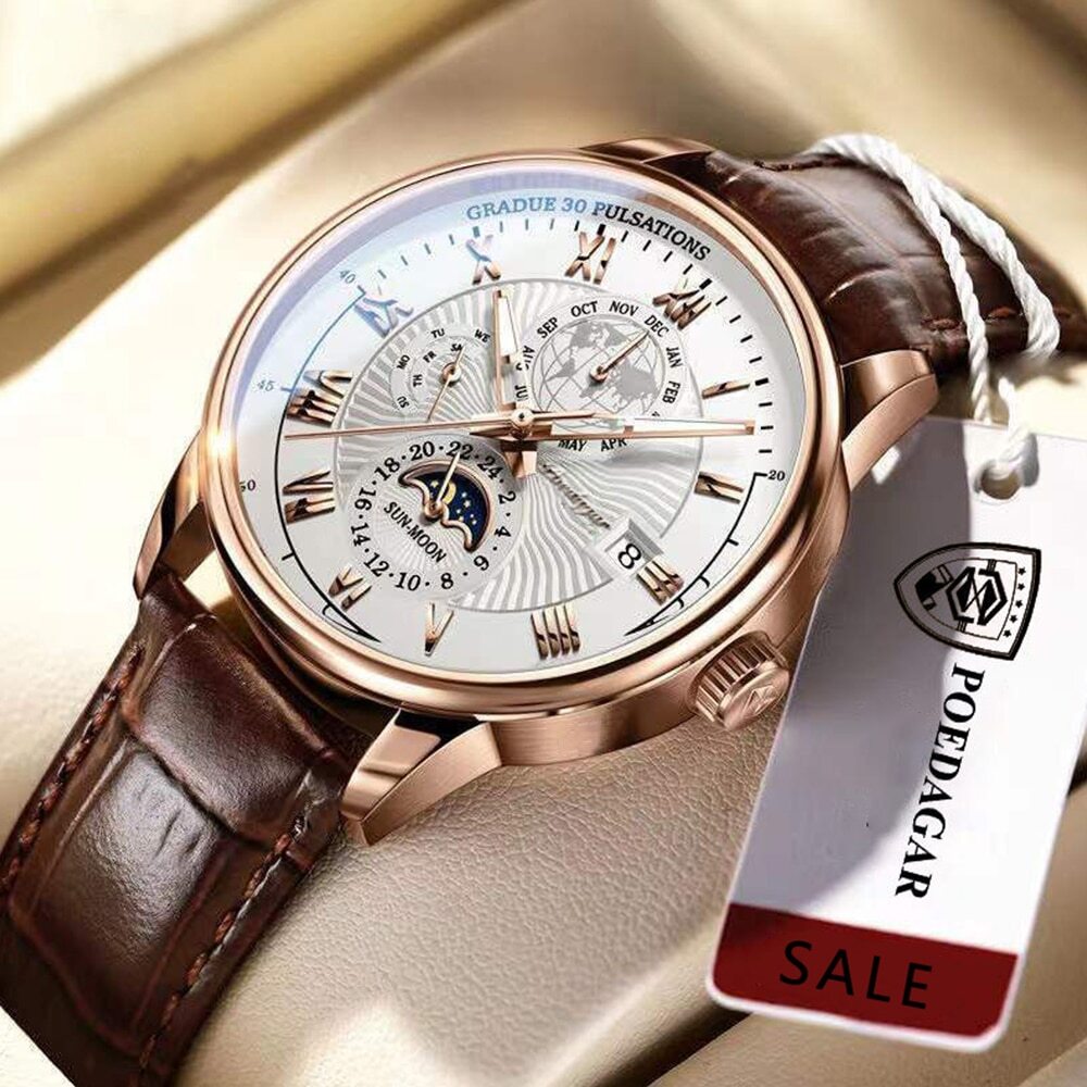 Men Watch Leather Waterproof Luminous Watch Luxury Men Quartz Wristwatches + BOX
