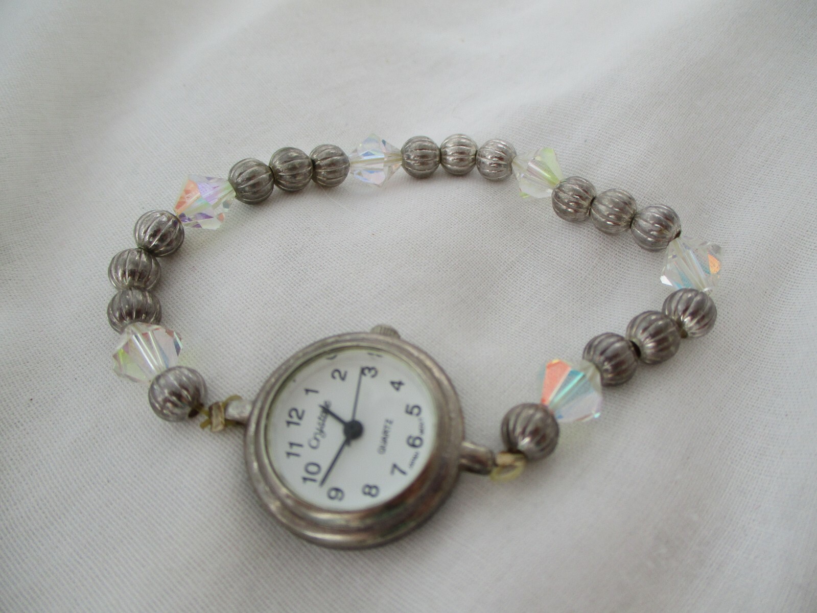 Crystale Watch Silver Toned Shiny Beaded Stretchy Band Glamorous WORKING!