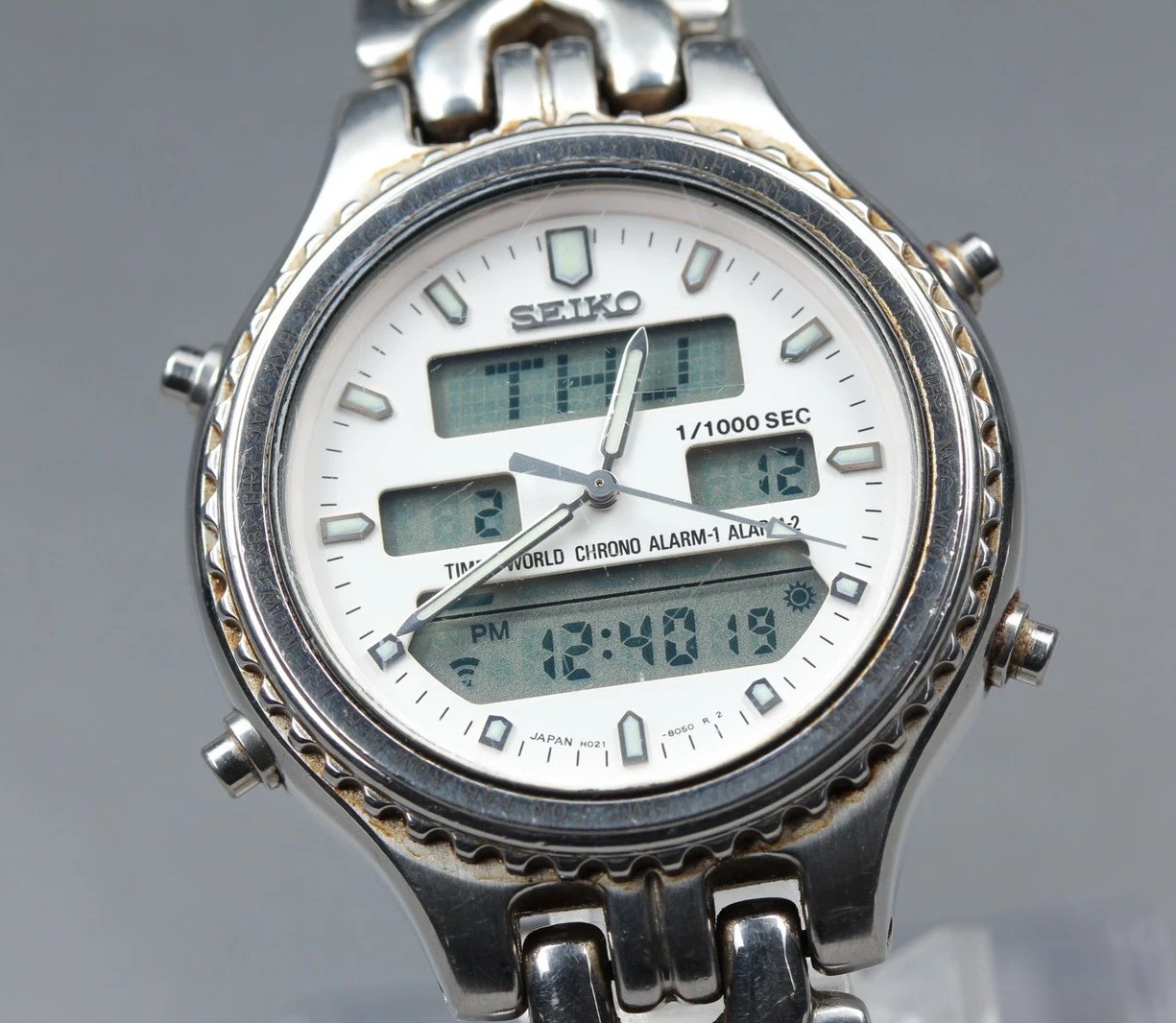 New Batt [Exc+5] Seiko World Time H021-8050 DIGI-ANA Qz Mens Midsize Watch