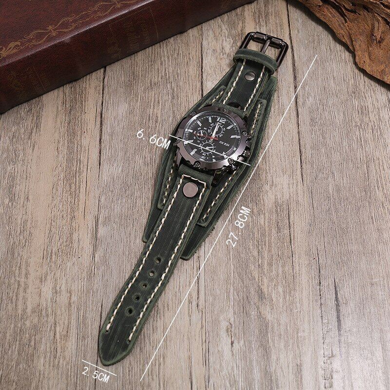NEW Wide Leather Watch Cuff Band Brown Wrist Black Strap Punk Retro Quartz Mens