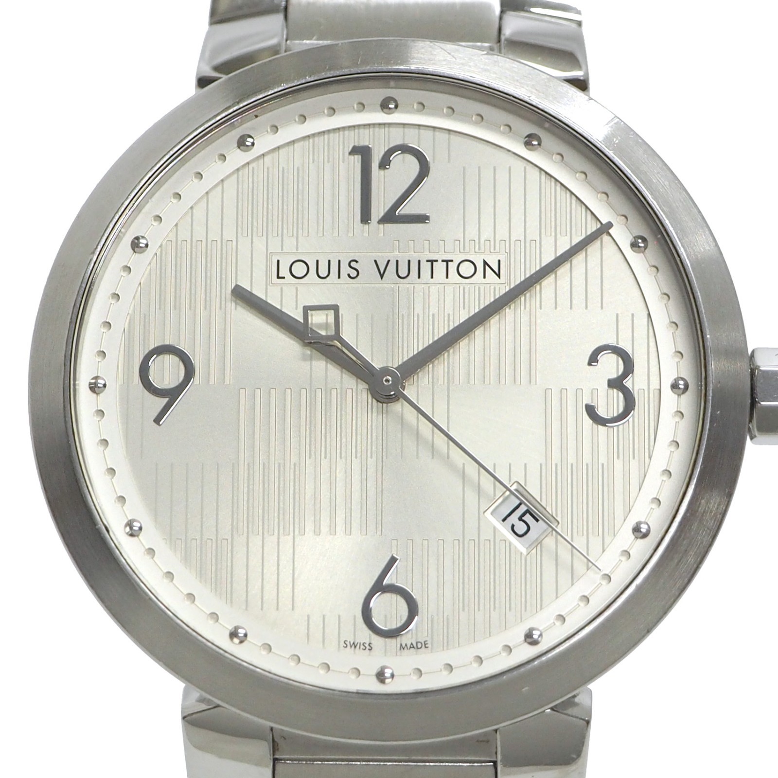 LOUIS VUITTON TAMBOUR DAMIER S. Steel Q1D01 Quartz Men’s Watch #W057 Rise-on