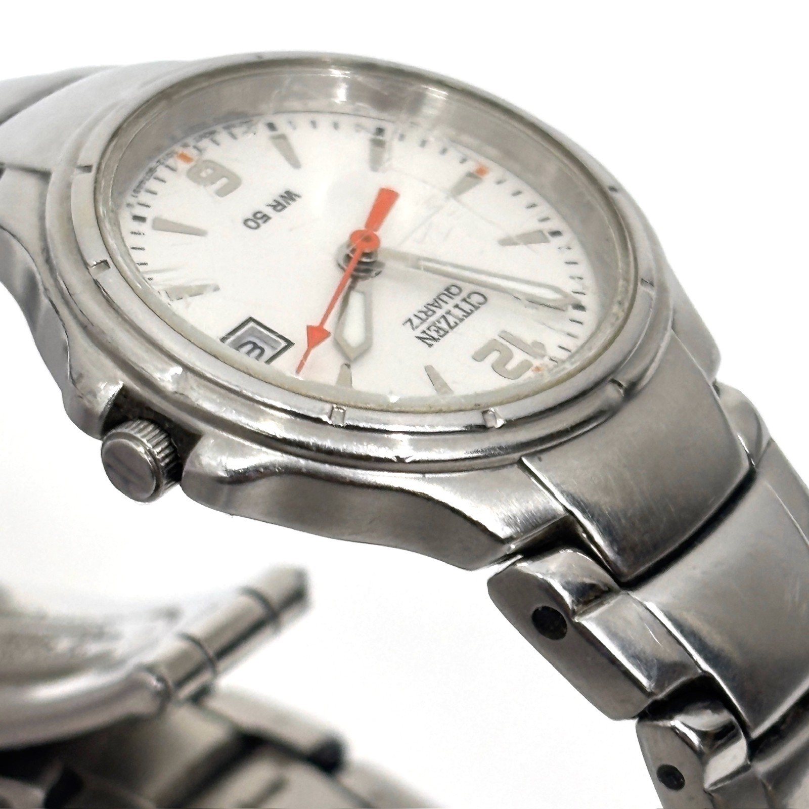 Citizen Quartz Ladies White Dial Orange Hand Stainless Steel Date New Battery