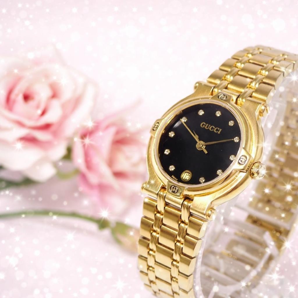 Gucci 9200L 11 Diamond Date Quartz Women’s Watch Gold Black Dial Working