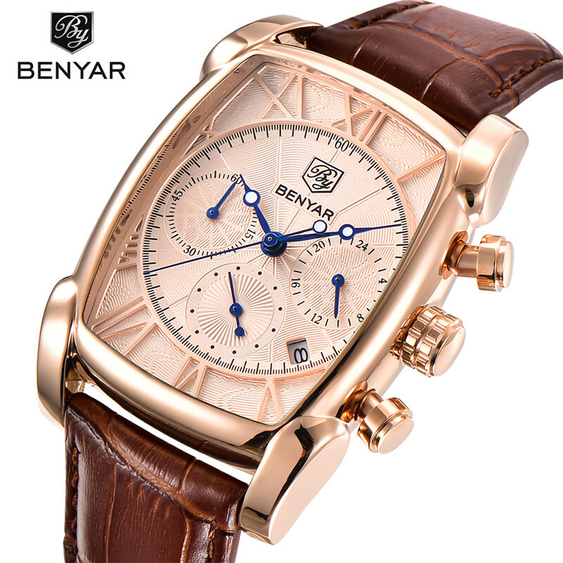 BENYAR Mens Watches Top Military Quartz Leather Waterproof Sport Chronograph