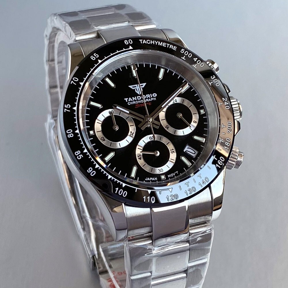 39mm Tandorio White Black Dial Full Chronograph Japan VK63 Quartz Mens Watch