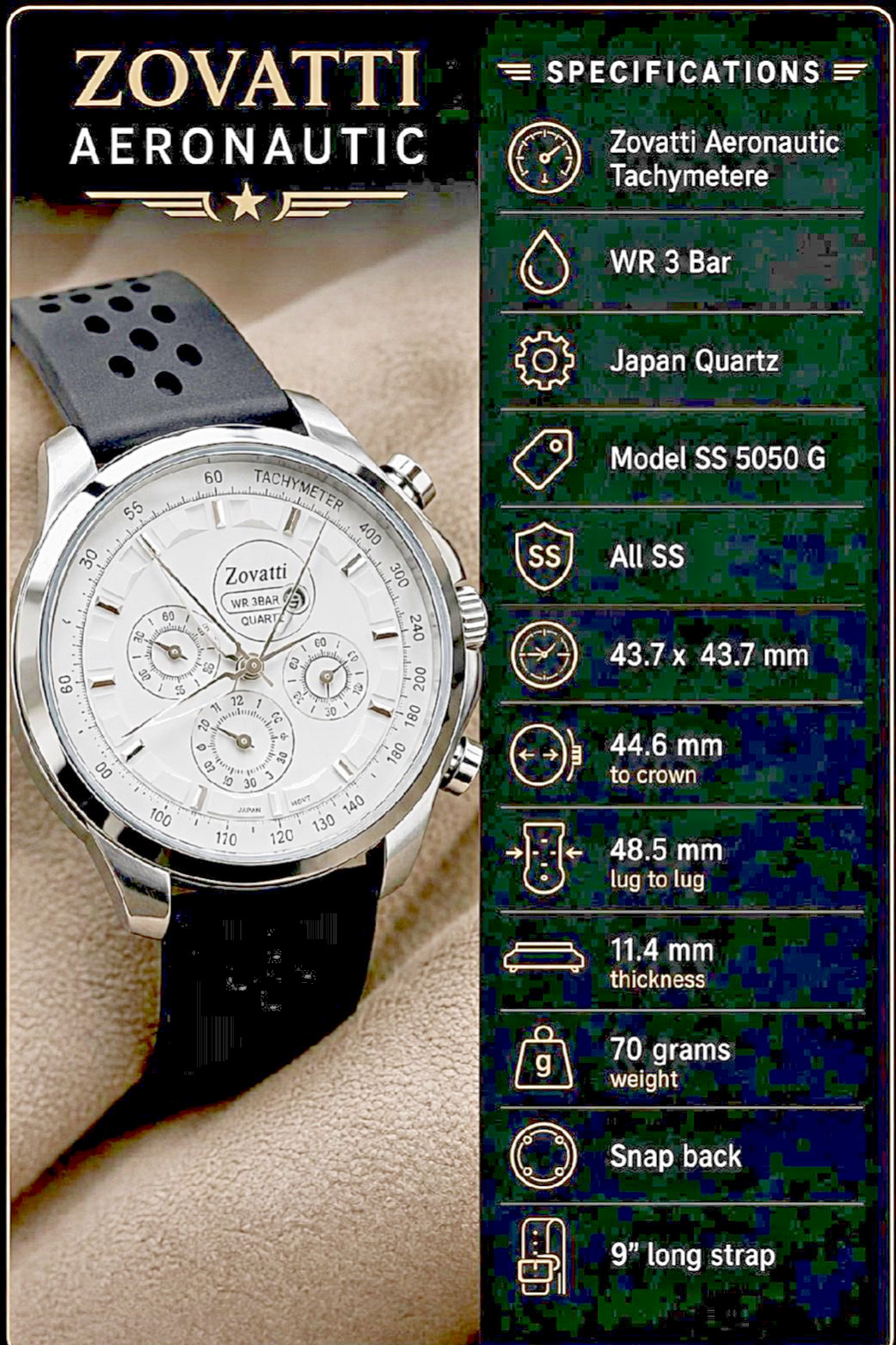 Military – Pilot – Zovatti Aeronautica Dual Tachymetere – 3ATM – Quartz