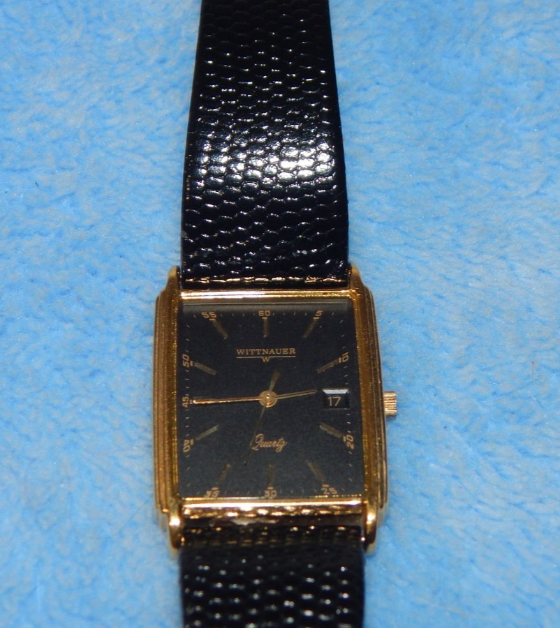 WITTNAUER 1217-5564 Slim 28mm Gold Tone Tank Date Watch Black Leather Working