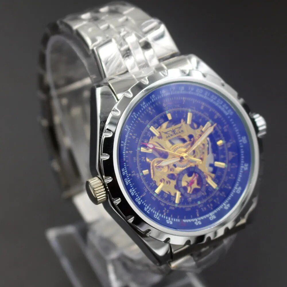 Golden Skeleton Watches Luxury Brand Silver Stainless Steel Auto Self-wind