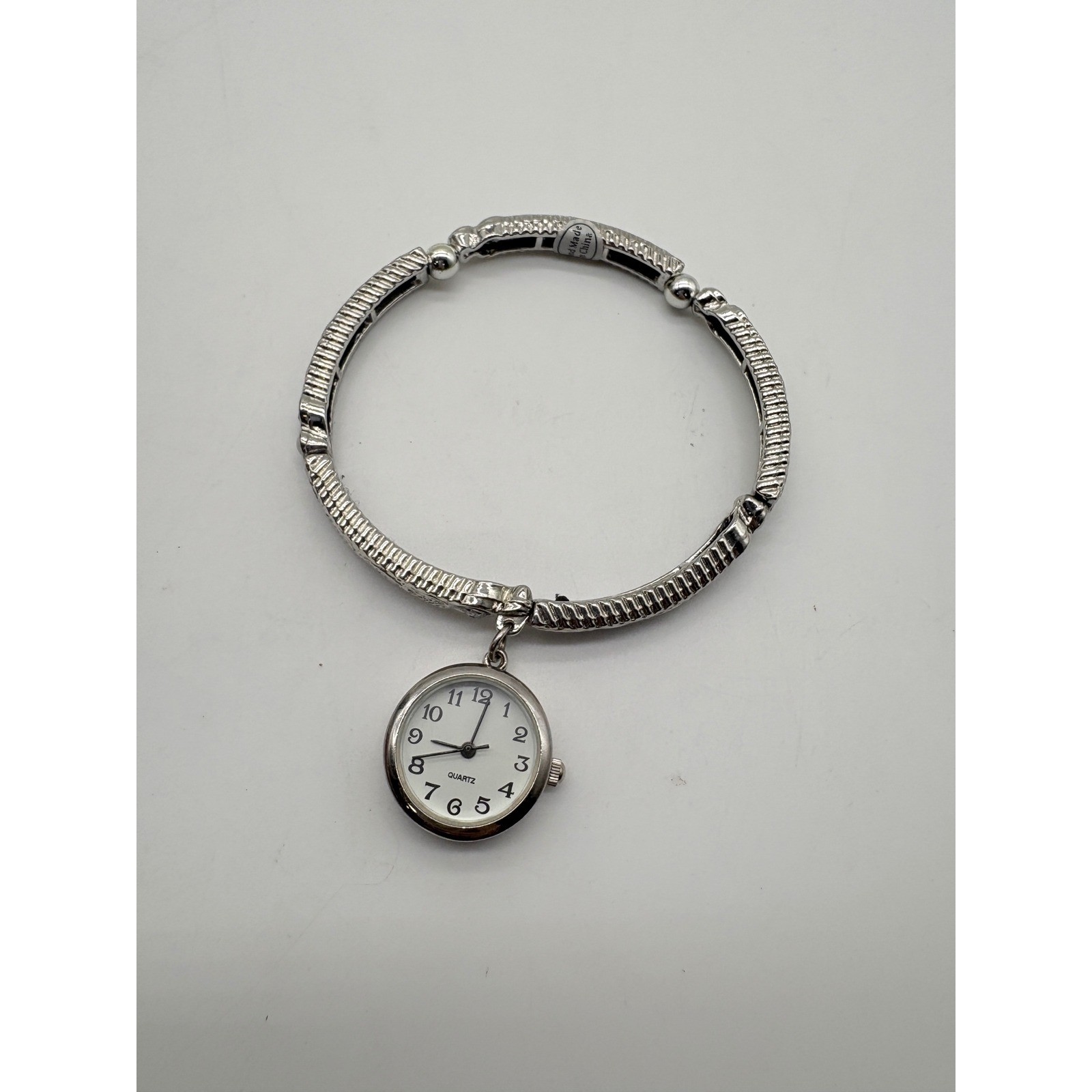 Vintage Style Silver Tone Scrollwork Stretch Bracelet Charm Watch Japan Movt