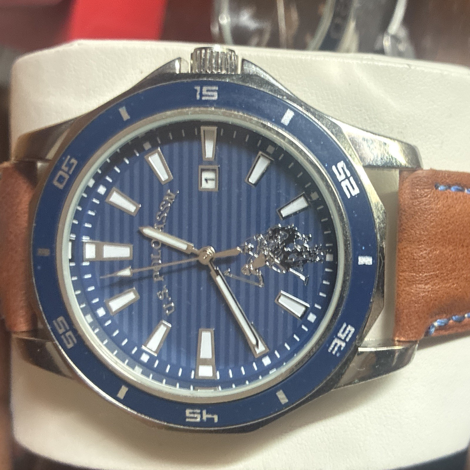 U.S. Polo Assn. Men’s Quartz 44mm Blue Dial Date Silver SS Brown Leather