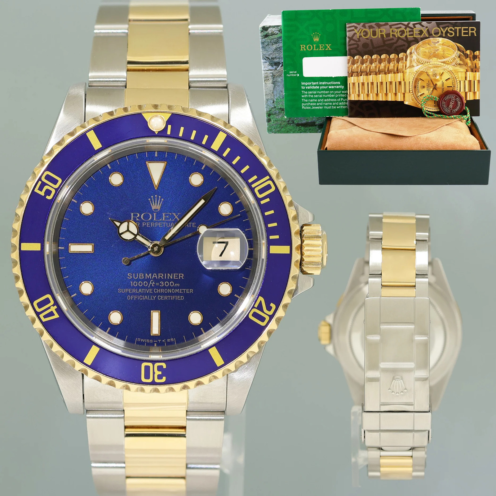 1995 MINT Rolex Submariner 16613LB Gold Steel Two Tone Yellow Gold Sunburst Blue