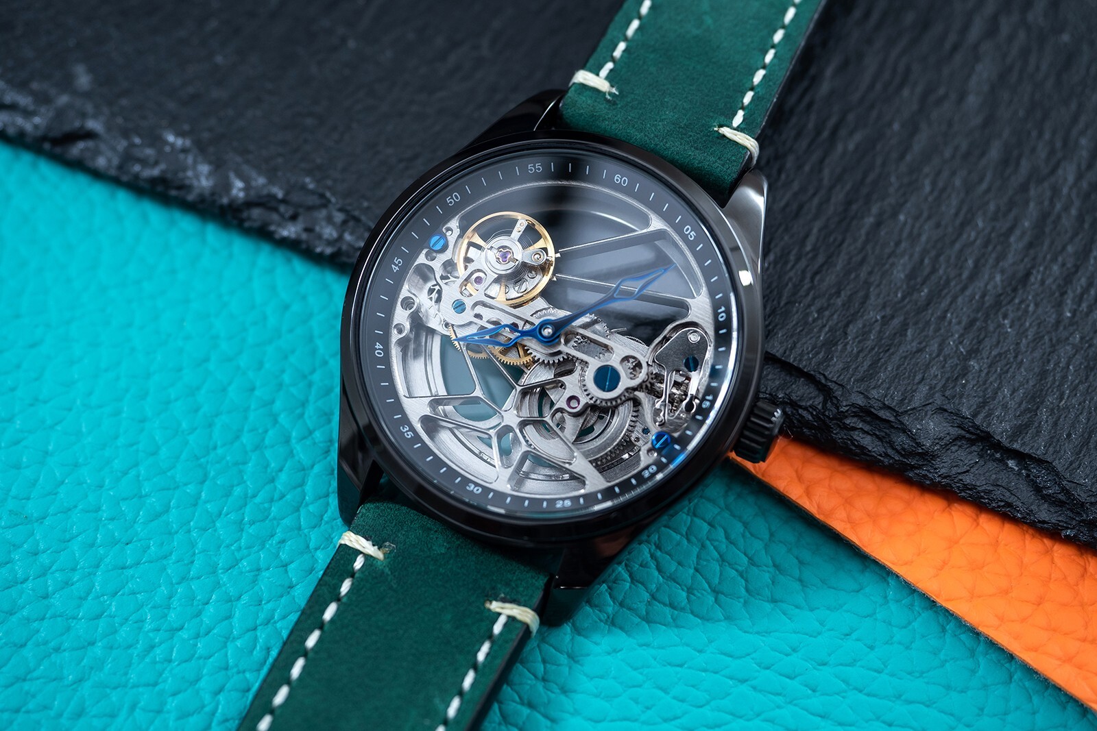 Mens Automatic Mechanical Watch Black Green Suede Leather Strap Quick Release