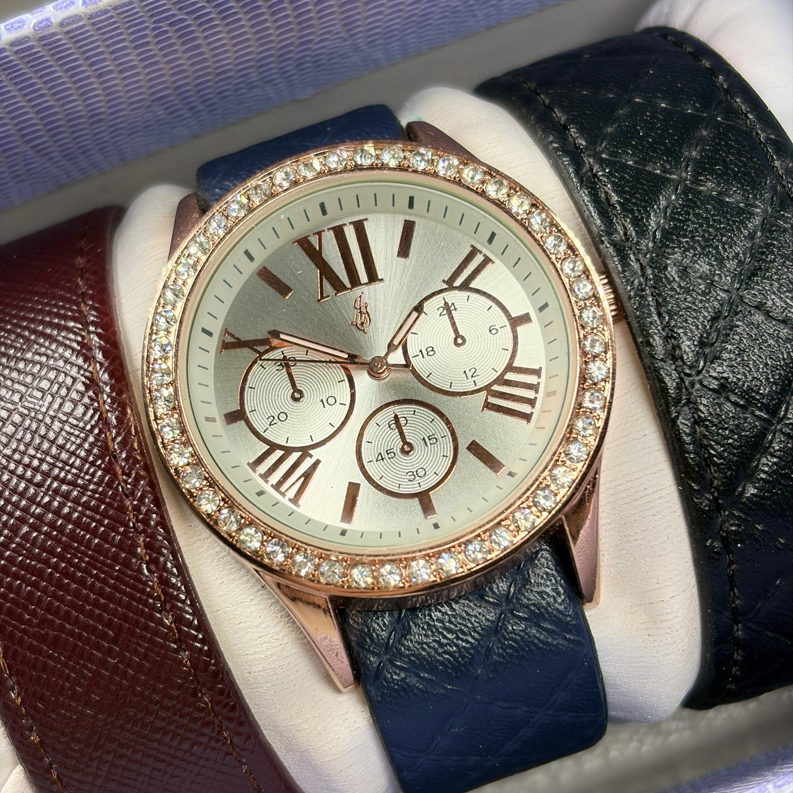 Jaclyn Smith Watch Gift Set Rose Gold Rhinestone 3 Interchangeable Straps