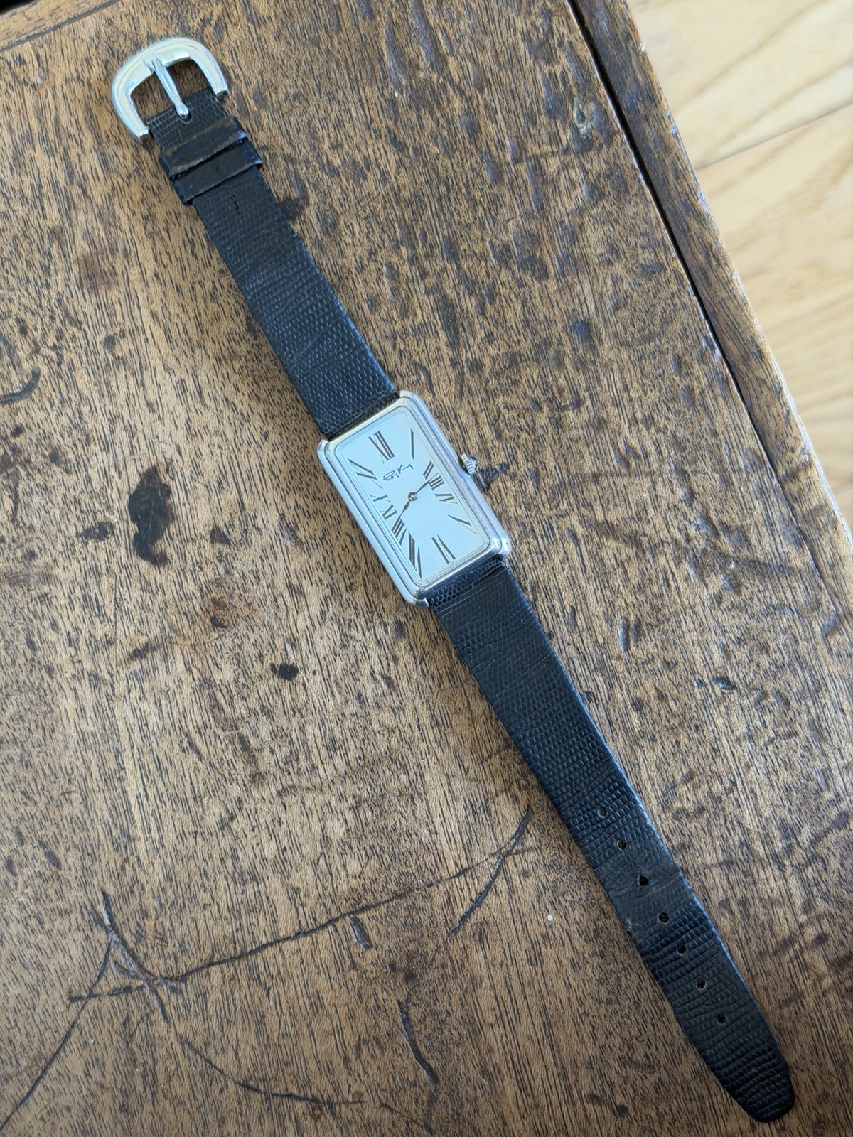 Roy King Sterling Silver Hallmarked Tank Style Watch 1975 Lizard Strap Manual