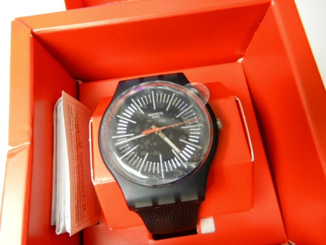 INTERCYDERAL! Metallic Black/Grey PINSTRIPE New Gents Swatch, Silicone Band-NIB!