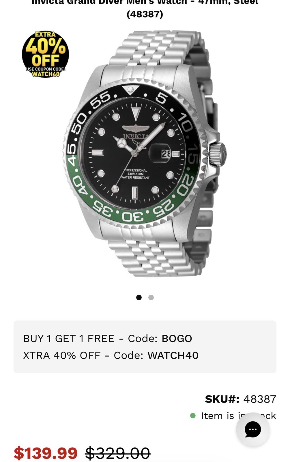 Invicta Grand Diver Men’s Watch – 47mm, Steel (48387)