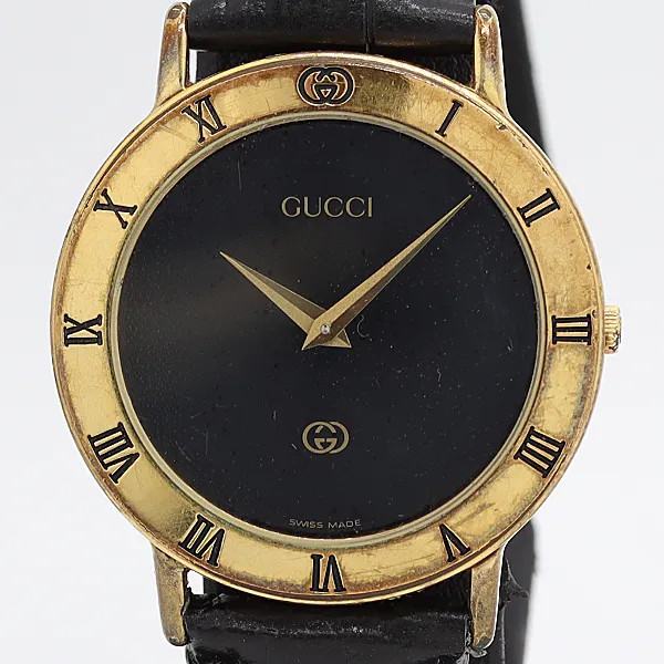 GUCCI 3000M Wristwatch Watch Black Dial Quartz Gold Plated Case Black Leather