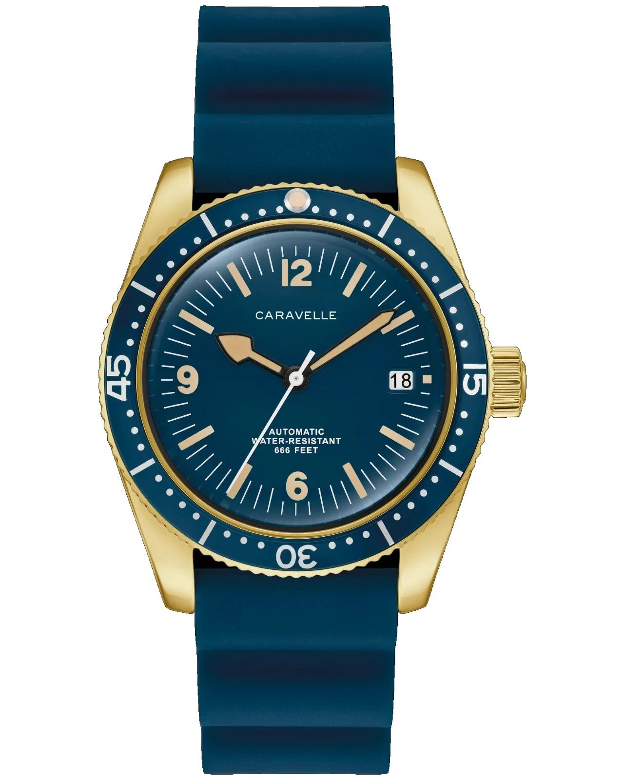 Caravelle 44B129 Men’s Vintage Sea Hunter Gold Tone Rubber Strap Automatic Watch