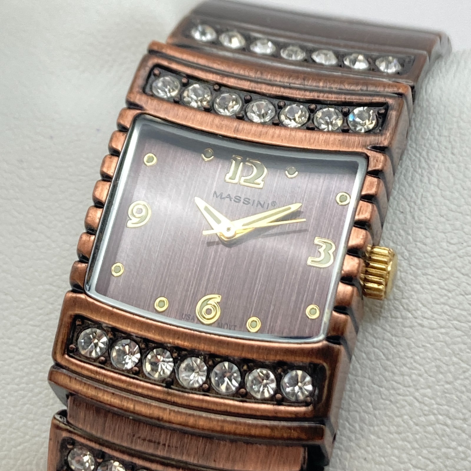 Massini Women’s Watch 24mm Copper Tone Cuff Crystals Bling New Battery 6.25″