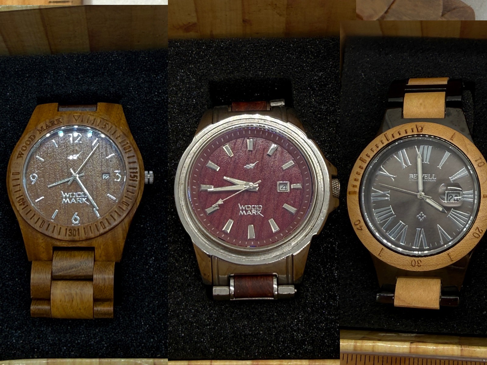 Lot of 3 Wooden Watch Waterproof Sustainably Harvested wood Mark Bewell in Box