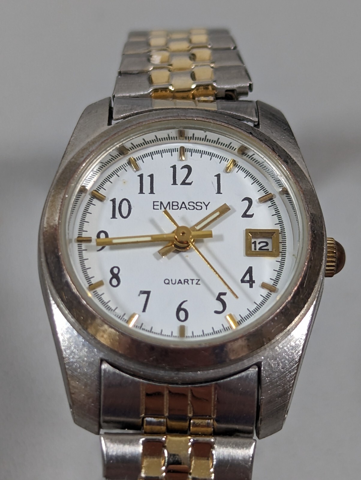 Embassy White Dial Date Indicator Two Tone Stainless Stretch Band Watch
