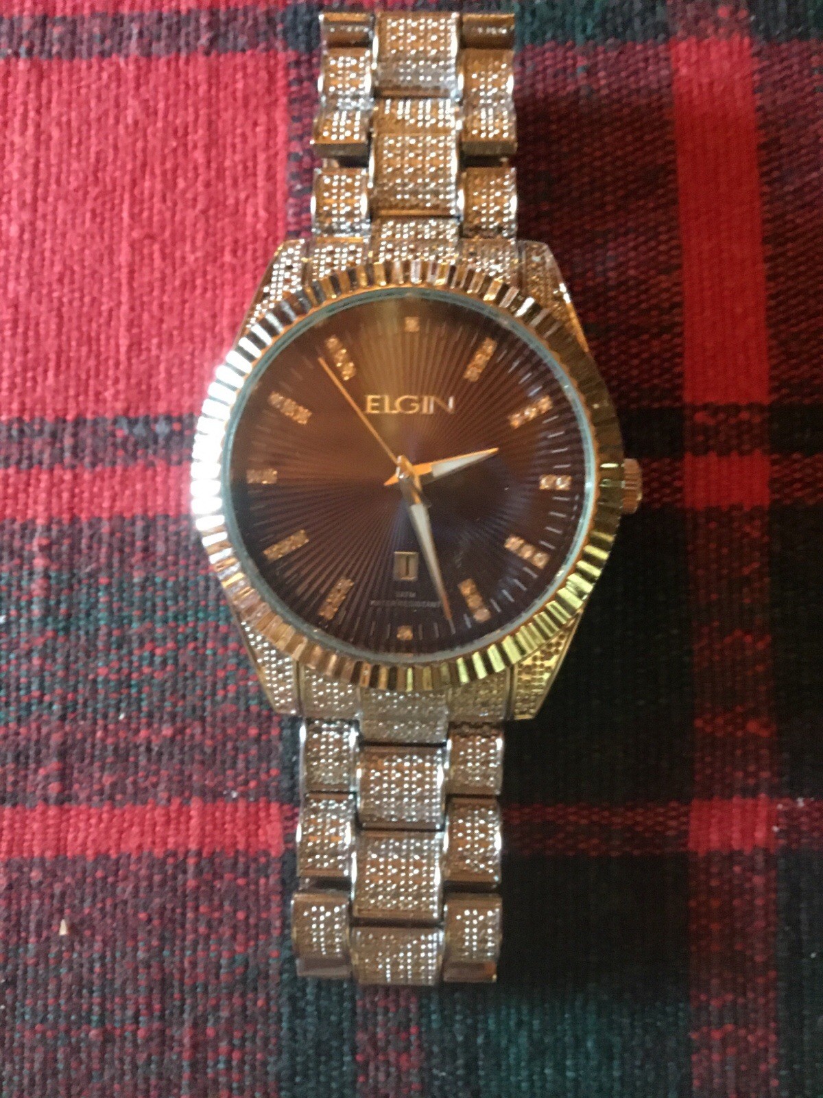 Beautiful Mens Elgin Watch With Date, Black Dial With Crystal Indexes FG180038